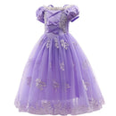 Purple dress with floral embroidery on a white background, Obroi
