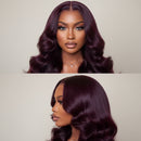 Two views of a woman with purple hair on a neutral background, Obroi