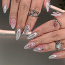 Rhinestone Stars Silver Flame White French Almond Shape False Nails Detachable Finished Fake Nails Press on Nails