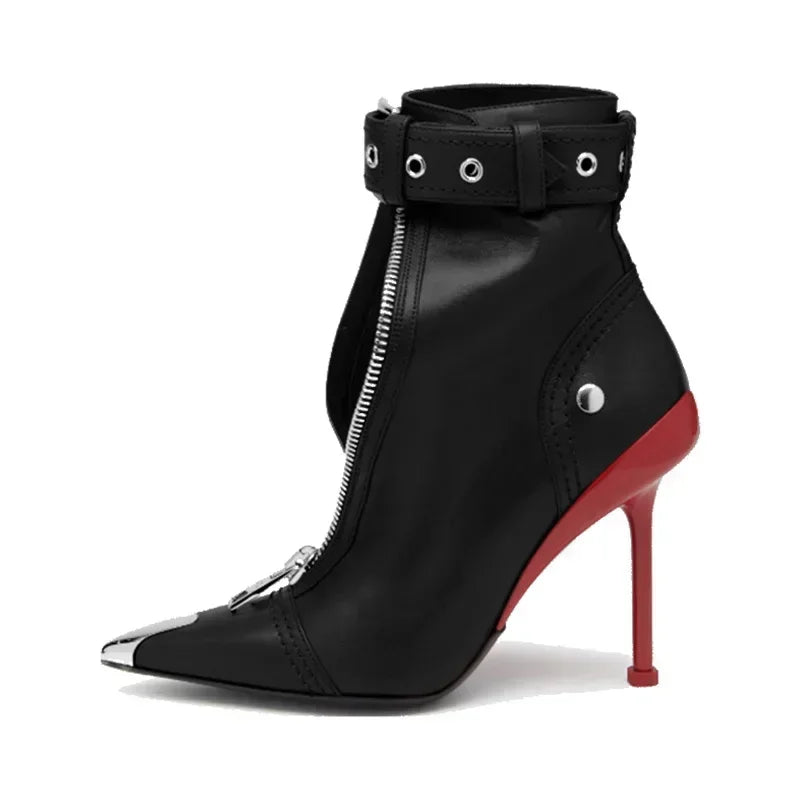 Short Boots Women's Autumn Winter Pointed Metal Decoration Red High Heels Ankle Boots