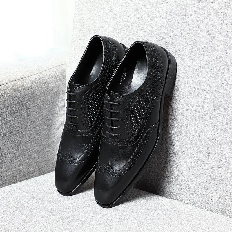 Handmade Real Leather Men Dress Shoes Black Pointy Toe Wingtip Brogue Oxfords Business Wedding Party Formal Shoes
