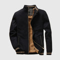 Black jacket with brown interior on a light gray background, featuring the Obroi brand.