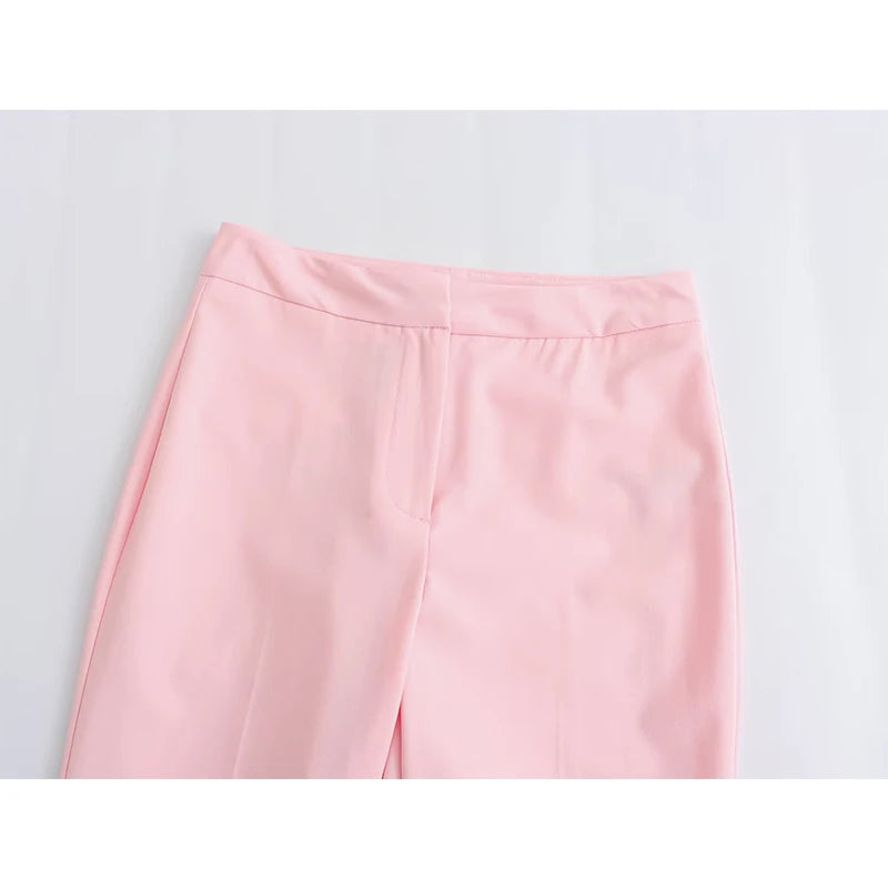 Women Vintage High Waist Flared Full Length Pink Pants Office Trousers