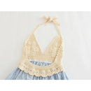 Women Sexy Backless Halter Patchwork Embroidery Knit Dress Summer Mini