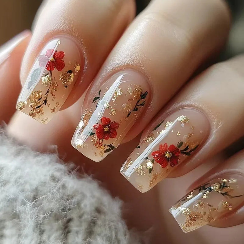 24pcs Pink Gradient False Nail Art Flower Design Stick on Nails Sets Mid-length Square Press on Nails Tips