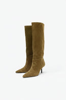 Pair of brown suede knee-high boots on a white background, Obroi