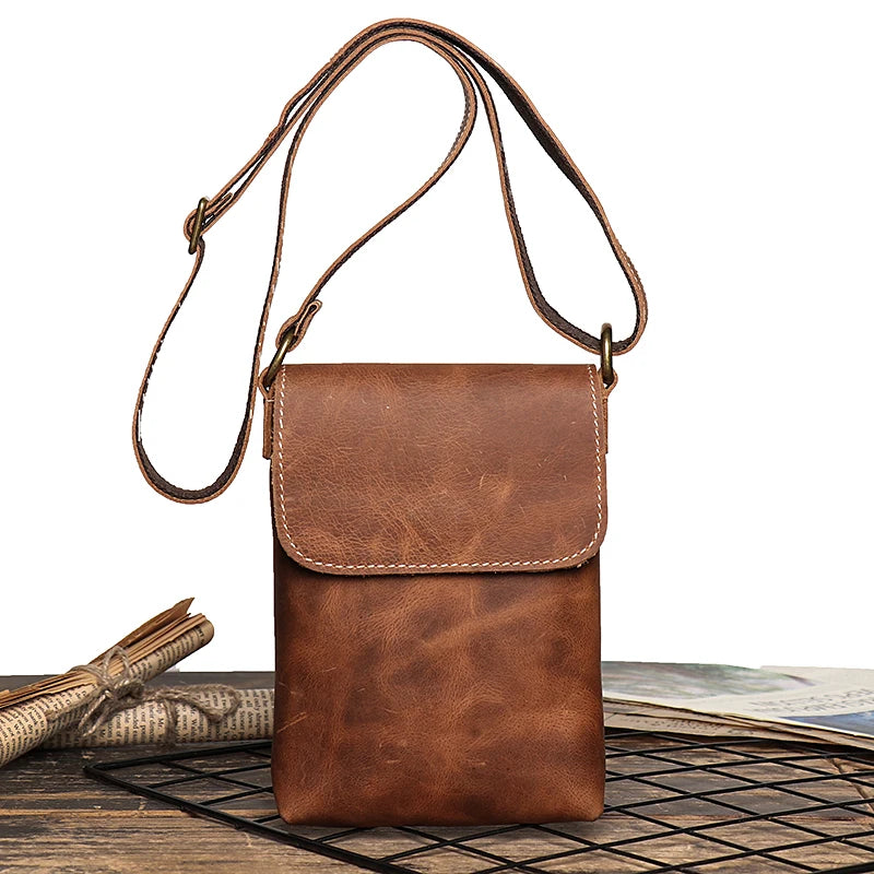 Retro Flip Black Small Shoulder Bag for Men Genuine Leather Sling Crossbody Bags Minority Design Man Simple