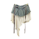 Retro Spliced Denim Pleated Skirt for Women Summer  High Waist Skirt