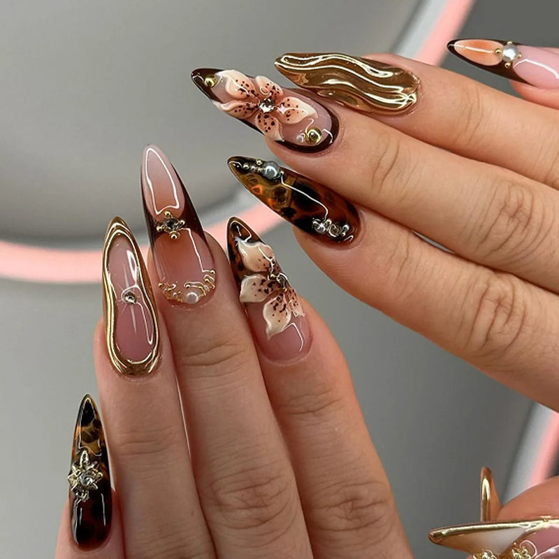 Pink Flowers Metal Bead Wearable Nail Chic Short Almond Press on Nails