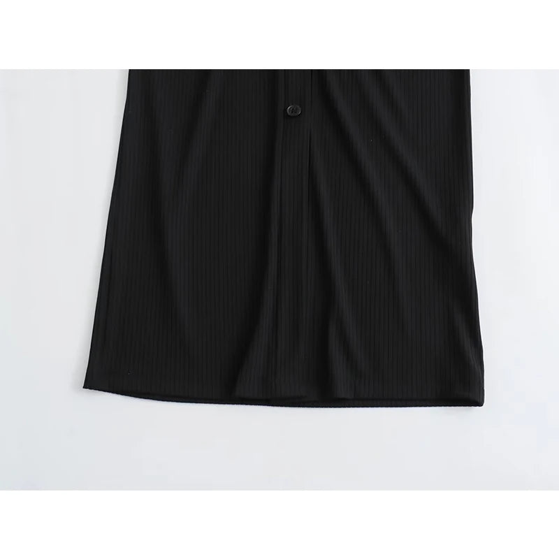 Spring Women Black Fitted Ribbed Dress Long Sleeve Lapel Collar Front Button Female Midi Vintage Dresses