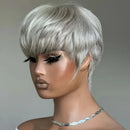 Mannequin head with a silver wig on a gray background, Obroi