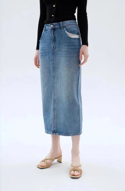 Spring and Summer Skin-friendly Blue Skirt Splicing Cut Pocket Slit Long Denim Skirt Female