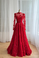 Red lace evening gown on a mannequin against a white curtain background, Obroi