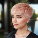 Pink Short Straight Pixie Bob Hair Wig for Women in Coral Pink Glueless Layered Pixie Human Hair