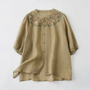 Spring Summer Cotton Linen Embroidery Blouse Shirt Button Elegant Office Ladies Women Casual Loose Tops Temperament