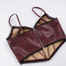 Burgundy lingerie set with lace details on a white background, Obroi