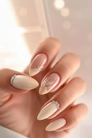 24PCS Simple French Stick on Nails Beads Nails for Women Wearable Almond False Nails Tools