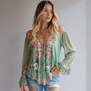 Women Off the Shoulder Blouse Flare Sleeve Floral Chiffon Mesh Lace Hem Shirts
