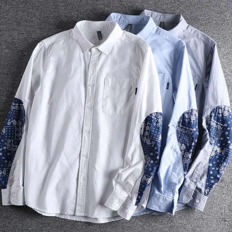 Men Shirt Pure Cotton Flower Patchwork Sleeves Uniform Light Work Safari Style Shirts Mens Tops Shirt