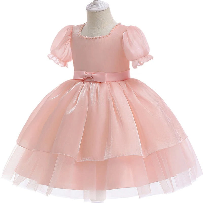 Summer Girl Dress Beading Pink Birthday Party Princess Kids Dress for Girls Bridemaids Gown Bow Wedding Fluffy Dresses