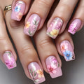 Medium nails for women girls pink flowers butterfly design for Spring summer season Square nail tips press on nails