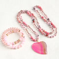 Bohemian Women Jewelry 6mm Natural Stone Glass Knot Necklace Agate Heart Pendant,8mm Beaded Elastic 2pcs Stack Bracelet Set