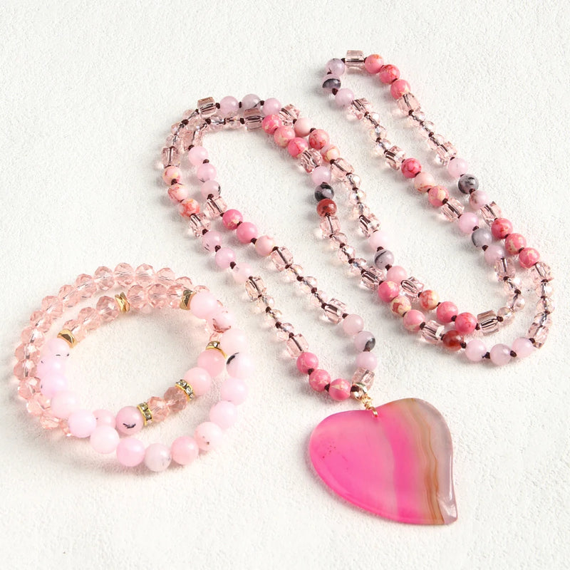 Bohemian Women Jewelry 6mm Natural Stone Glass Knot Necklace Agate Heart Pendant,8mm Beaded Elastic 2pcs Stack Bracelet Set