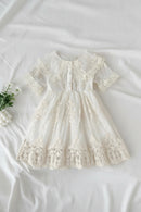 New girls' short-sleeve lace-trimmed princess dress with a turn-down collar