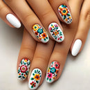 Nails with colorful floral designs on a light background, Obroi