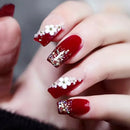 24Pcs Red Nails with White Flower Design Mid Length Coffin Press on Nails