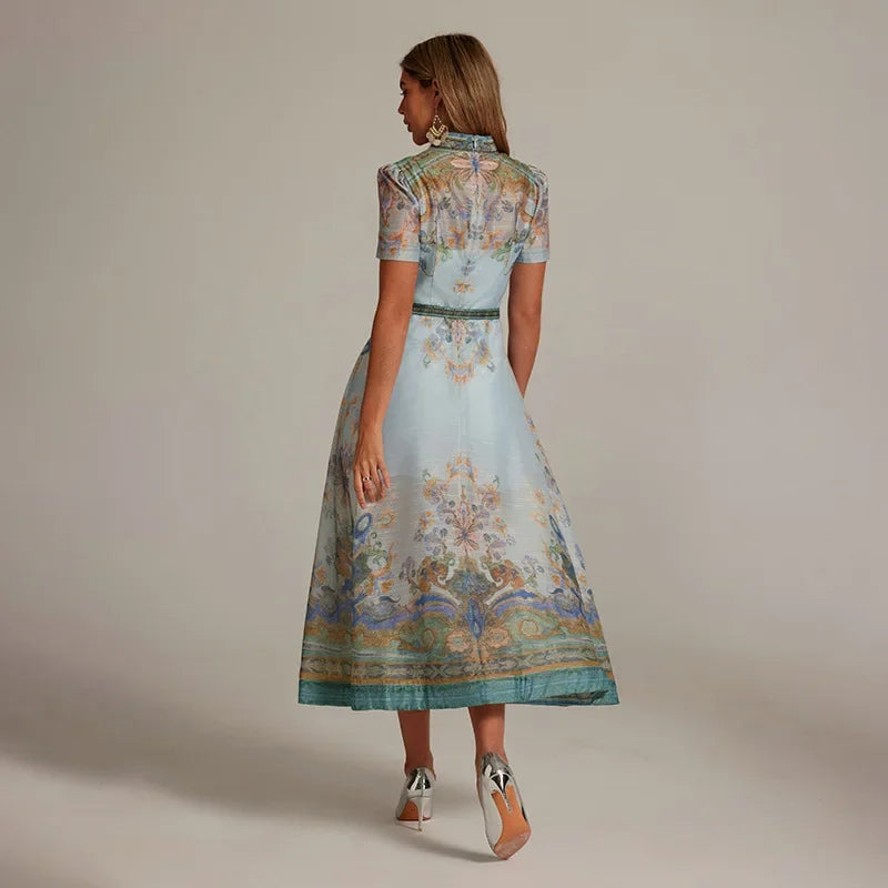 Retro Court Paisley Dress Women Short Sleeve Floral Long Dress Elegant Classy