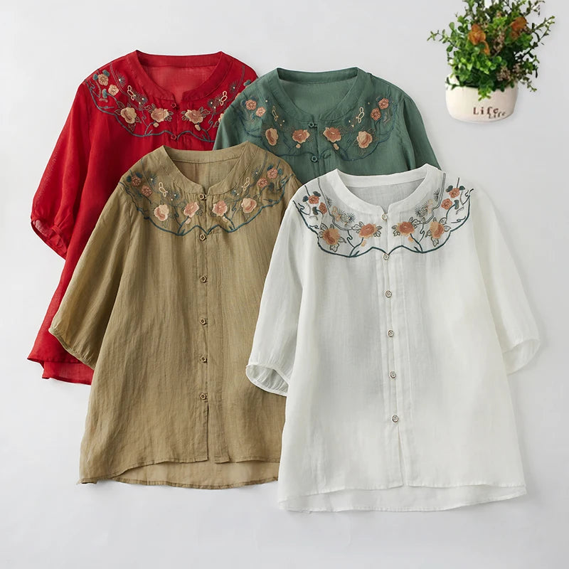 Spring Summer Cotton Linen Embroidery Blouse Shirt Button Elegant Office Ladies Women Casual Loose Tops Temperament