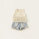 Summer Kids Girl Sets Hollow Tank Top Denim Shorts Bohemian Toddler Casual Children Clothing