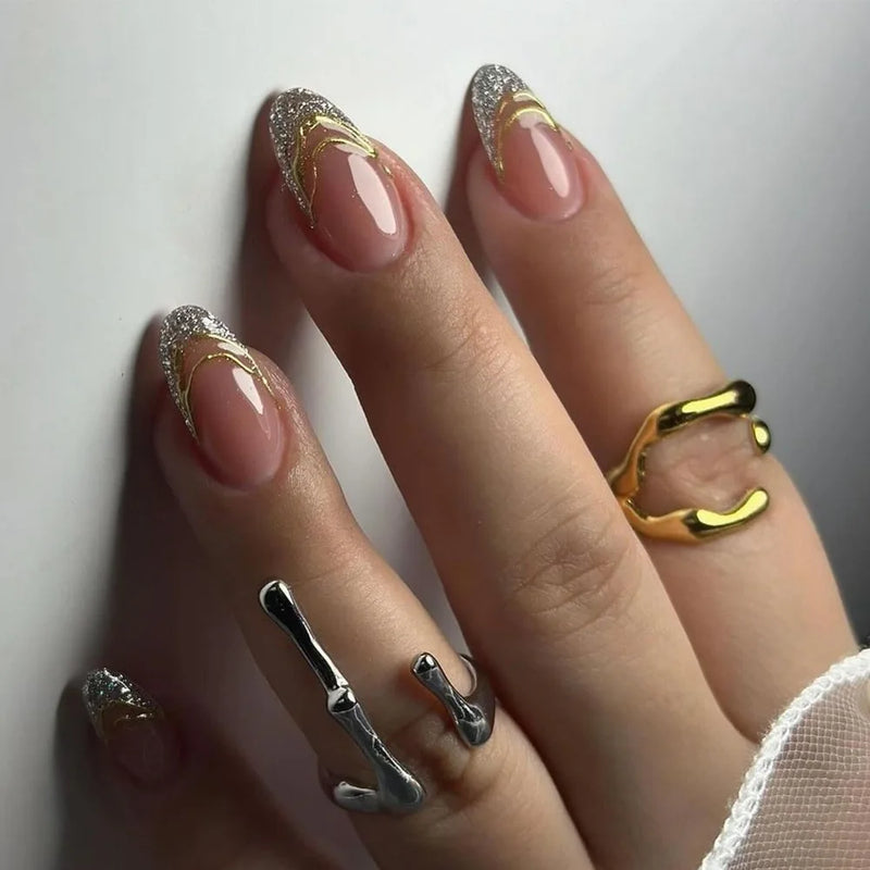 Almond Acrylic Press on Nails for Girls Line Glitter False Nails with Glue Nail Art with Charms