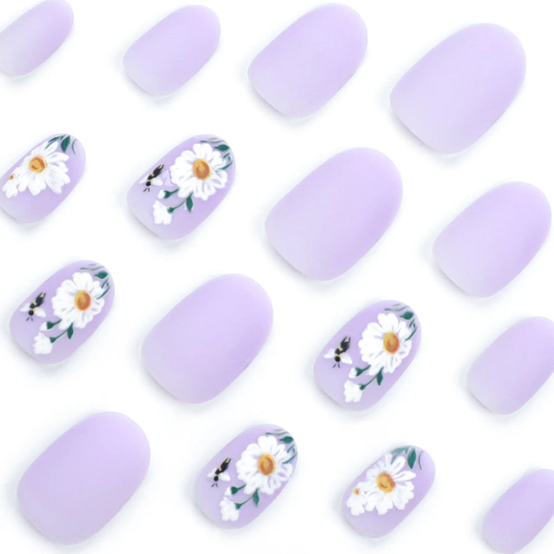 24pcs Flower Press On Nails Matte Purple False Nails With Bee Designs Short Round