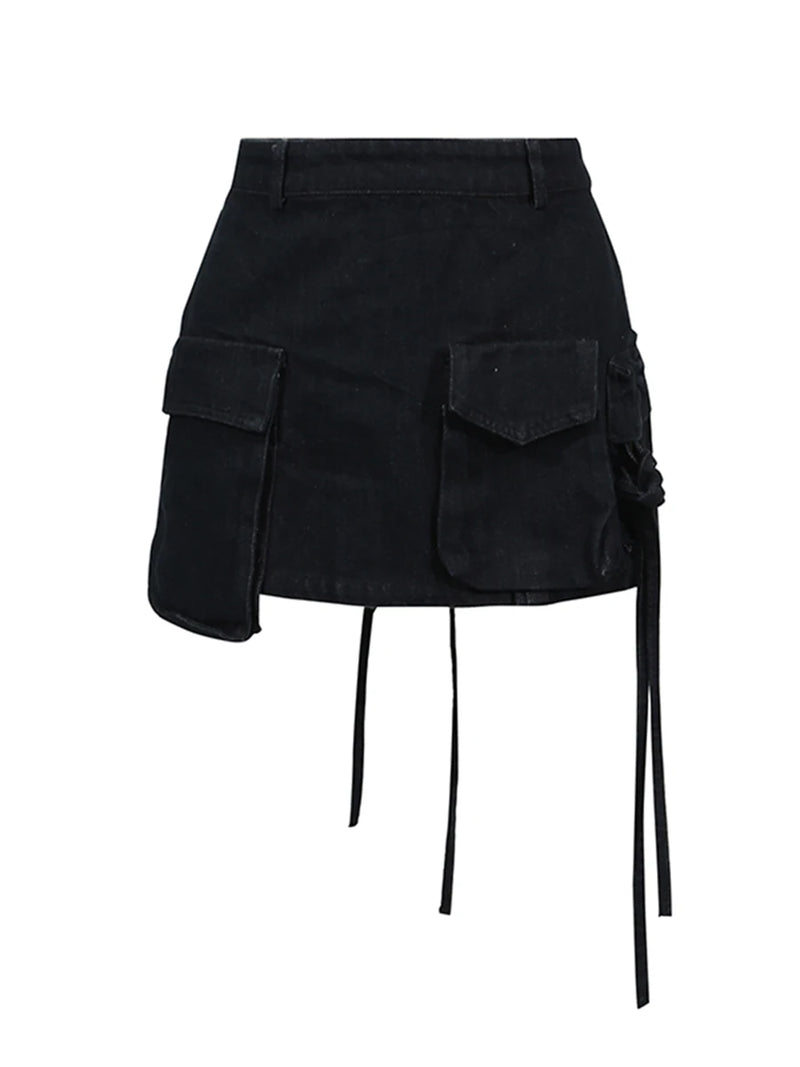 Spliced Pocket Design Women's Skirt High Waisted Spliced Lace Up Slim Fit Casual Style Half Skirt