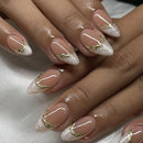 White Flowers Gold Pearlescent Almond False Nails Detachable Finished Fake Nails Press on Nails