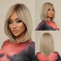 Woman with a blonde bob wig shown from front, side, and back views, Obroi