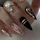 24pc Short Almond Black Mask Pattern Fake Nails Golden Line Press on Nails Simple Cool False Nail Tip