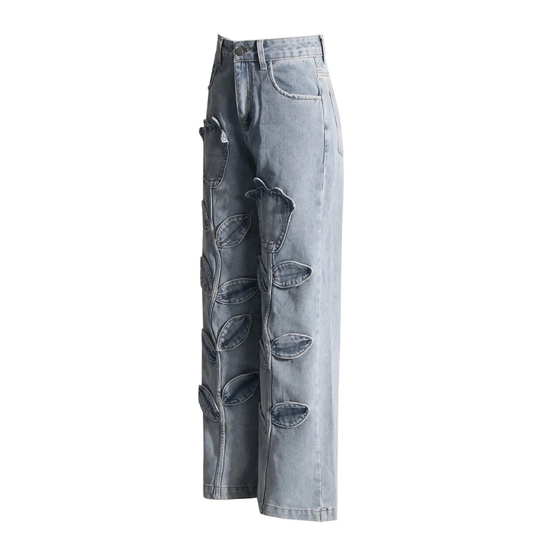 Floral Casual Denim Trousers For Women Spliced Button Wide Leg Pants