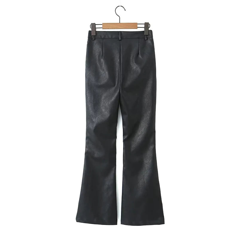 Autumn Winter Women America Retro High Waist Faux Leather Flare Pants