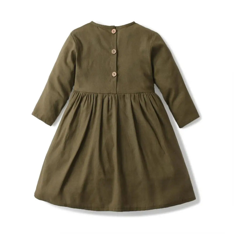 Girls Princess Dresses Children Wear Plain Pleated Baby Girl Clothes Linen Button