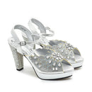 Silver high-heeled shoes with floral embellishments on a white background, Obroi