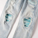 American Style High Street Light Blue Ripped Jeans Men's Pic Slim-fit Stretch Ripped Skinny Pants