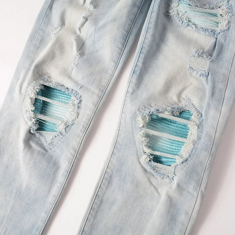 American Style High Street Light Blue Ripped Jeans Men's Pic Slim-fit Stretch Ripped Skinny Pants