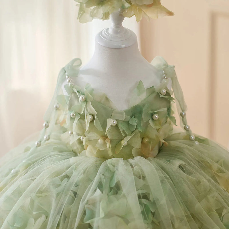 Flower Girl Dresses with Hairband Pearls for Baby Kids Wedding 1st Birthday Pageant Party