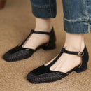 Female Sandals Square Toe Heels 3.5cm Buckle T-Strap Breathable Mesh Casual Shoes
