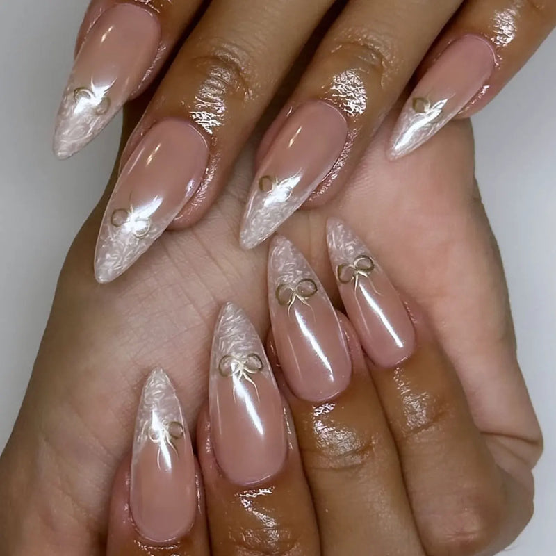 White Flowers Gold Pearlescent Almond False Nails Detachable Finished Fake Nails Press on Nails