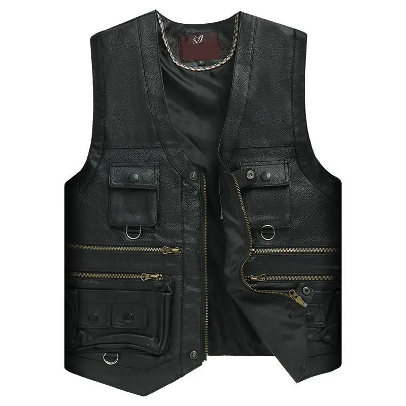 Genuine Leather Man Vest Waistcoat Jacket Thick Motorcycle Multi Pocket leather biker Men