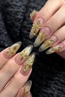 24PCS Luxury Gilt Gold Flowers Nail Almond Shape Press on Nails Glitter Gradient Nails for Women Girls